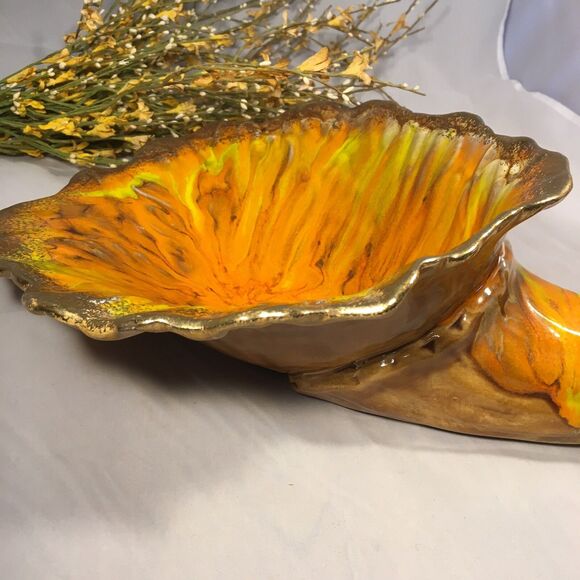 USA Art Mid Century Pottery Volcanic Orange Drip Glaze Cornucopia Fall Decor - Picture 9 of 12